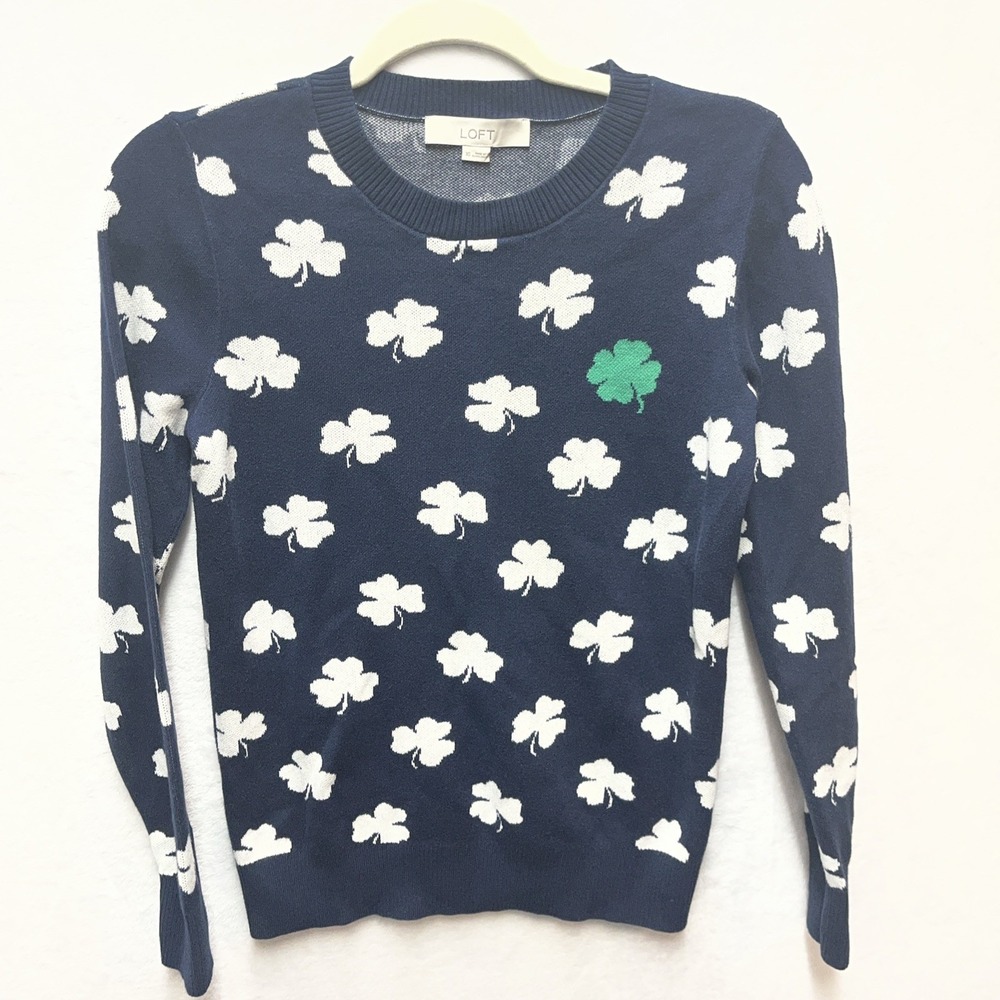LOFT Crewneck Cotton Sweater Women's XS Shamrock St Patrick's Day Lucky